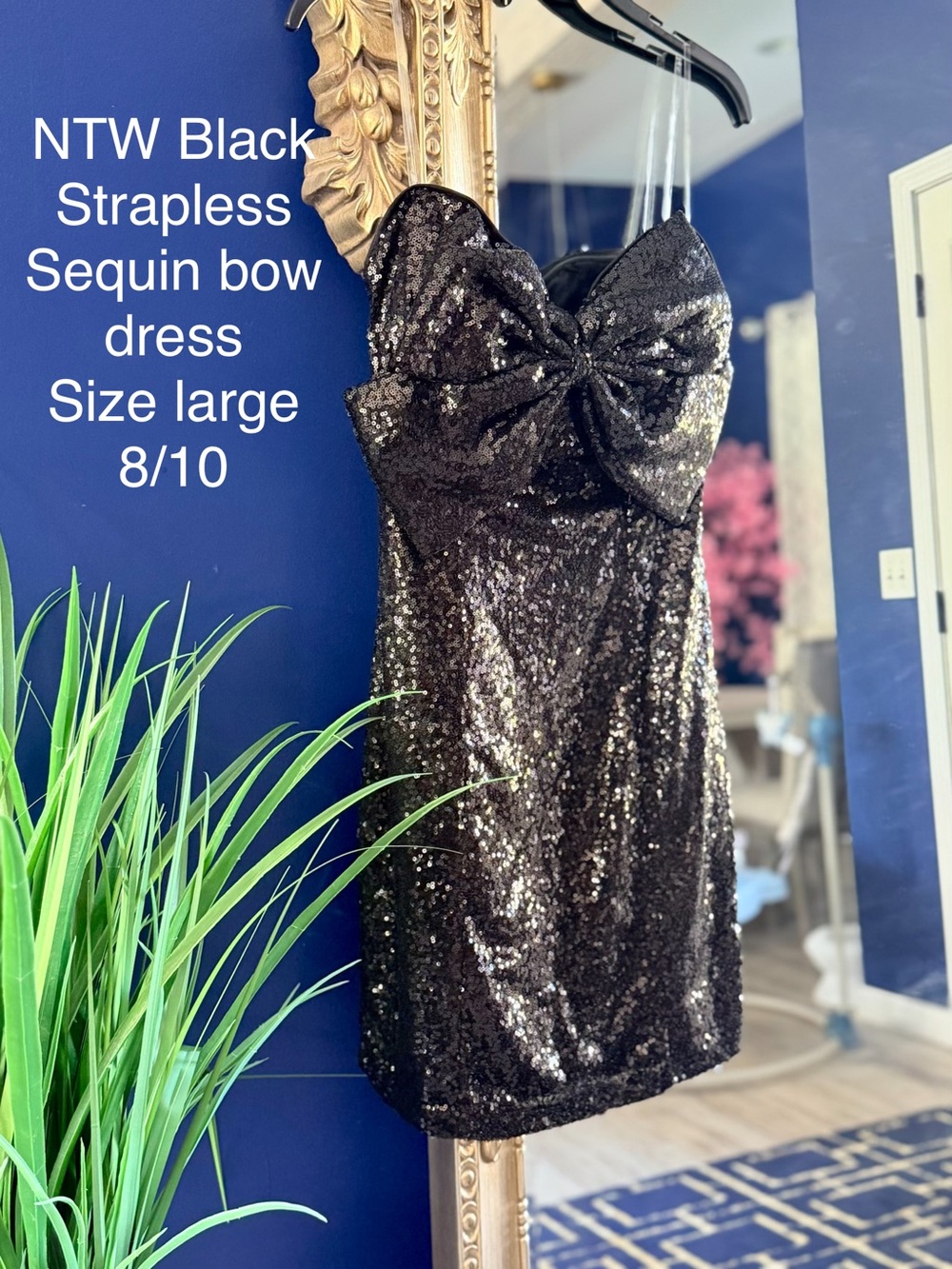 Black Strapless Sequin Bow Dress - Size Large